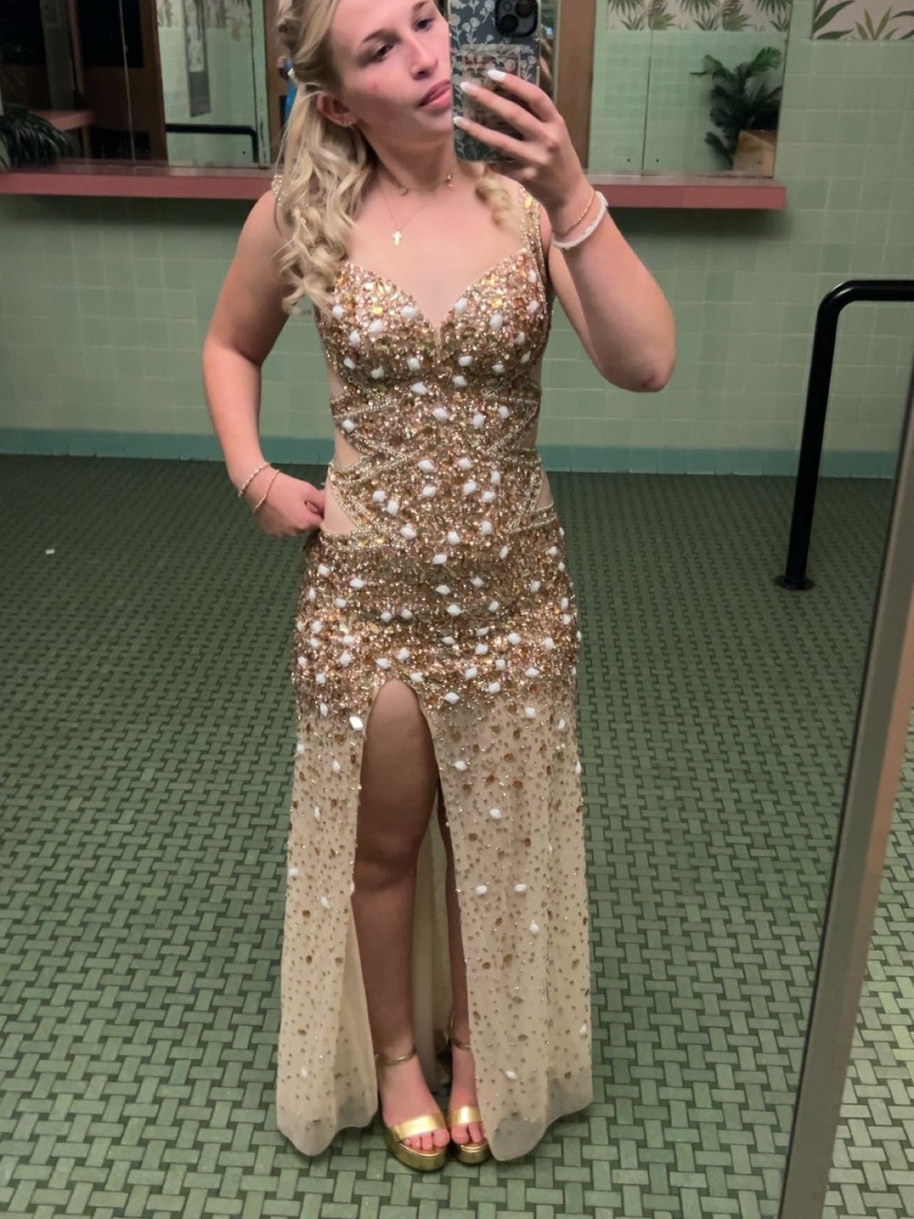 Gold Embellished Evening Gown with Front Slit
